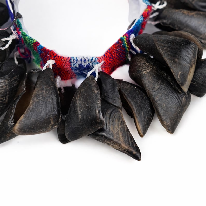 Puede incluir: Primer plano de un collar tradicional con colgantes oscuros en forma de cuerno. Los colgantes cuelgan de una banda tejida colorida con hilos rojos, azules y verdes. El fondo blanco resalta los detalles del collar.