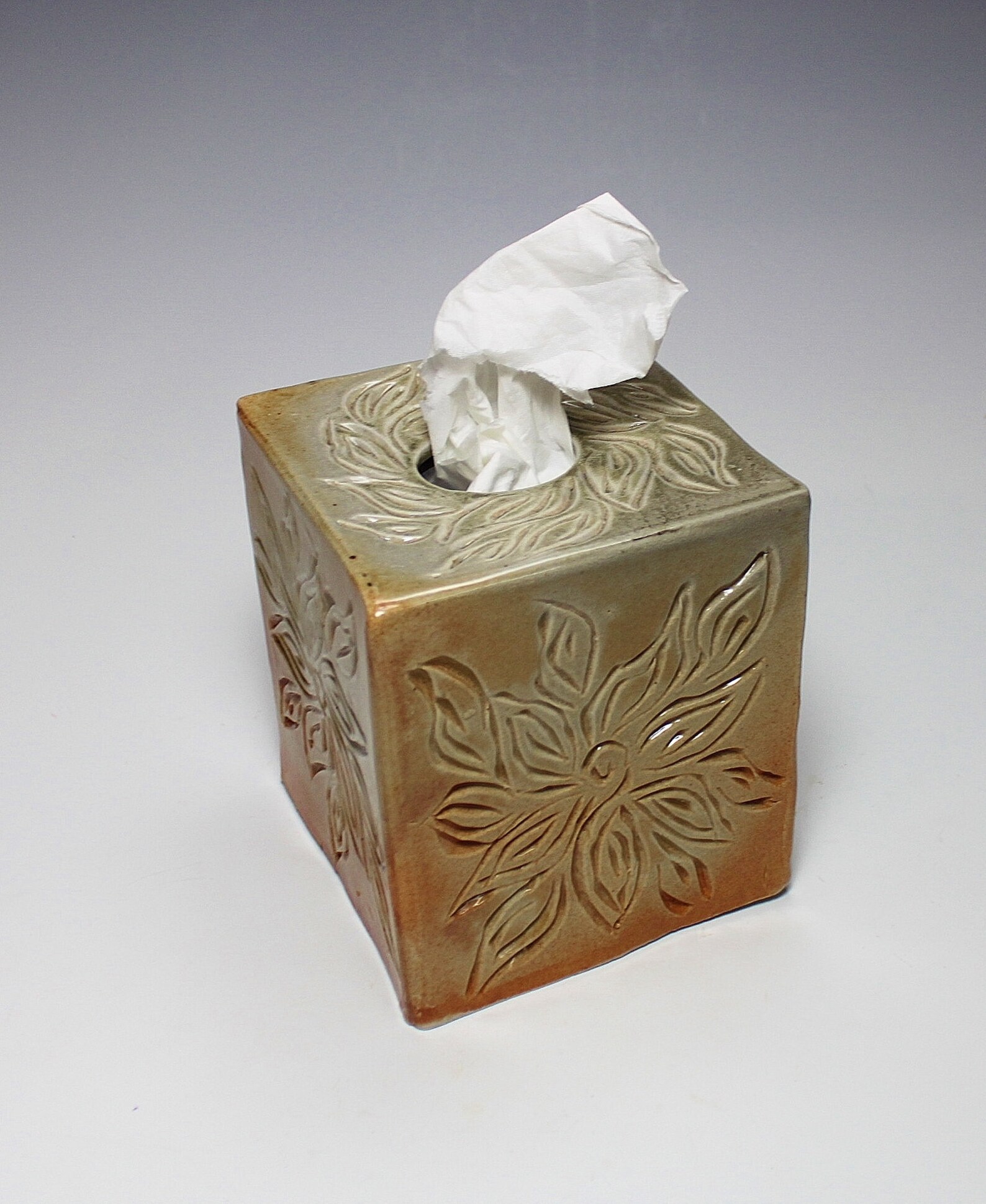 Ceramic Tissue Box Cover Golden Brown Hand Carved Etsy