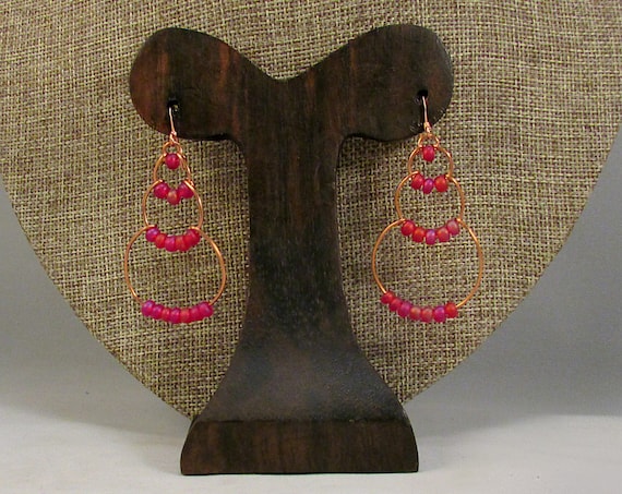 copper wire bubble earrings with pink beads
