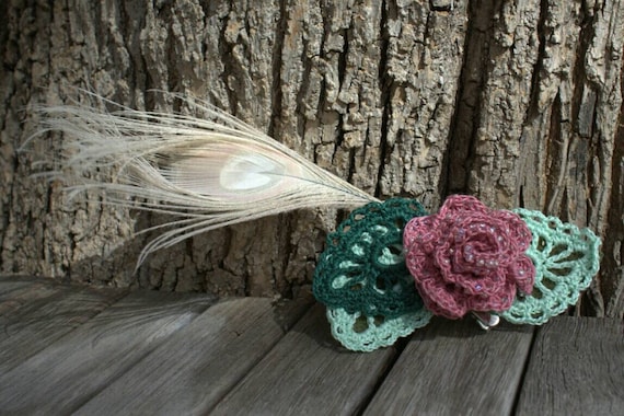 Crochet pink beaded rose and bleached peacock feather hairclip or hatpin