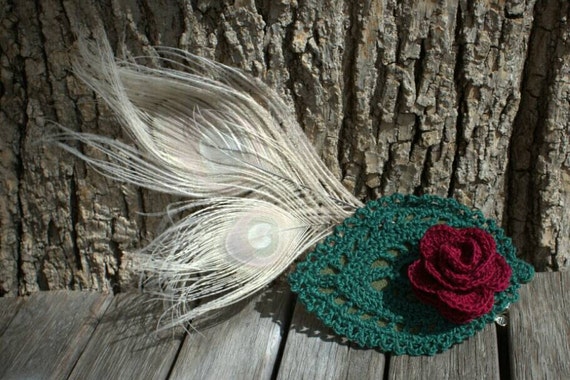 Crochet red rose and bleached peacock feather hairclip or hatpin