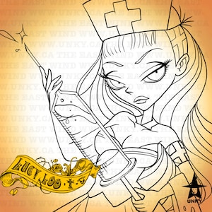 May include: Line art illustration of a woman in a nurse's uniform holding a syringe. The image features a cross on the nurse's hat and arm, with the text "Lucy Loo" on a banner. The background is a gradient of orange and yellow.