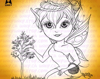 Digital stamp- Berry Picking Big eye doll Fairy, bun hair - Berryfairy