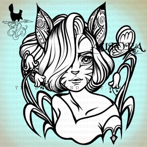 Digital Stamp- Aurora &#39;Kitty in the garden&#39; -300dpi JPG/PNG files -OCT17005