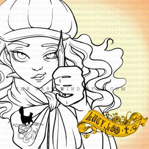 Op de afbeelding: Zwart-wit illustratie van een persoon die een mes en een masker vasthoudt. De persoon draagt een koksmuts en een sjaal. Een banner met de tekst "LUCY LOO" staat in de rechter benedenhoek. De tekst "THE EAST WIND ART.COM" is ook zichtbaar.