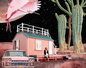 Pink Space | Collage Art, Photo Collage Wall Decor, Retro Art Prints, Collage Art Prints, Surreal Art, Trippy Art, Space Art, Home Decor