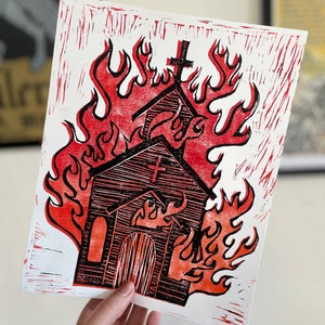 Burning Down the House | Linocut, Block-print | Original Limited Edition Artwork | Great for Halloween and those who like &#39;spooky&#39; things