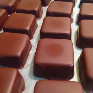 May include: A close-up of a tray of dark chocolate squares, arranged in rows on a white parchment paper surface.