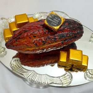 May include: A cocoa pod on a silver tray with gold foil wrapped chocolate squares. The chocolate squares have the text "La La Land Organics .com" printed on them.