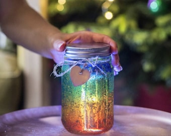 Aangepaste handgeschilderde Rainbow Light Up jar - Exclusief - Nachtlampje-Sparkle Light- Firefly Jar-fairy lights- kinderdagverblijf-cadeauverpakking