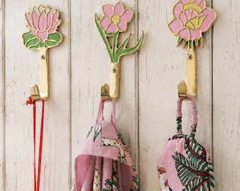 Ganchos de pared artesanales para flores: Loto, Margarita, Rosa, Latón macizo, Pintados a mano