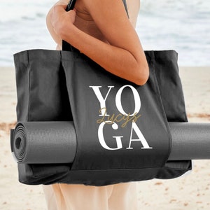 Nombre de YOGA personalizado Bolso de mano de yoga orgánico - Diseño de nombre - Algodón orgánico - Meditación - Ámbar - Natural - Negro - Bolsa de viaje gris