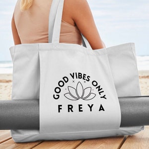 Personalised Good Vibes Only Yoga Tote Bag - Name Design - Organic Cotton - Meditation - Amber - Natural - Black - Grey Travel Bag