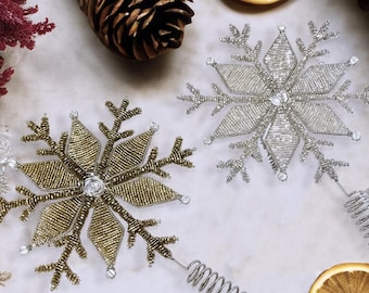 Adorno para árbol de Navidad con forma de copo de nieve de plata, hecho a mano: decoración navideña de vidrio - Oro viejo