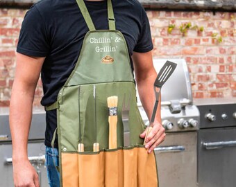 Personalized BBQ Apron Gift Set: Canvas & Stainless Steel Tools