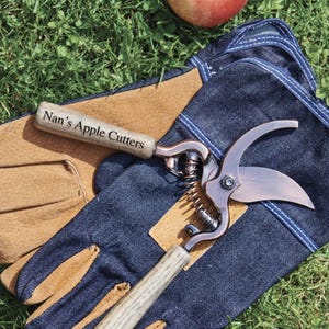 May include: A pair of brown leather work gloves with a pair of antique-style pruning shears with a wooden handle engraved with "Nan's Apple Cutters".