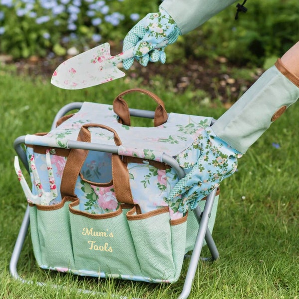 Personalised Floral Folding Garden Storage Stool- floral garden gift-useful garden holder- pretty floral chair- garden gift for her