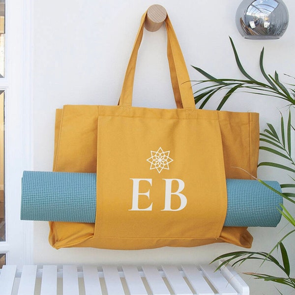 Monogrammed Organic Yoga Tote Bag - Initials Design - Organic Cotton - Mandala Style - Amber - Natural - Black - Grey Travel Bag