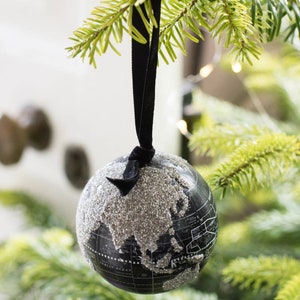 Customised Paper mache Blue And Gold Globe Shaped Bauble - black globe-Travellers gift - wanderlust- hand finished - customised ribbon-