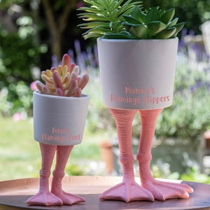 May include: Two white ceramic plant pots with pink flamingo legs, each holding a succulent plant. One pot reads "Freya's Flamingo Feet," the other reads "Mummy's Flamingo Flippers."