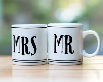Personalized Mr and Mrs Porcelain Mugs: Hand Printed Couple Gift