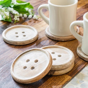 Hand crafted Wooden Button Coasters -set of six-gift for a crafter- sewing gift- sweet coaster design-buttons-whitewashed wood-customised