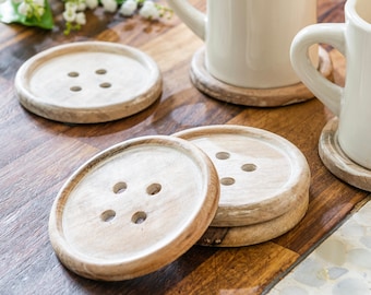 Hand crafted Wooden Button Coasters -set of six-gift for a crafter- sewing gift- sweet coaster design-buttons-whitewashed wood-customised