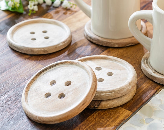 Handcrafted Whitewashed Wood Button Coasters - Set of 6