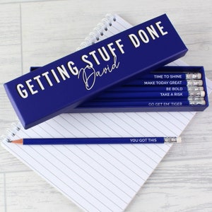 Personalised Getting Stuff Done Box and 12 Blue HB Pencils ,Positivity pencil gift set, Gift for a teenager