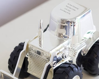 Personalized Silver Plated Tractor Money Box: Christening Keepsake