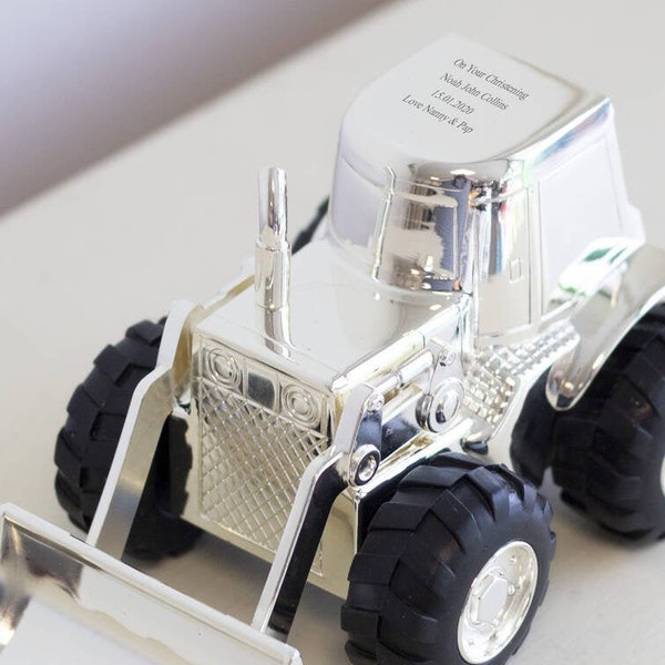 Personalised Tractor Silver Plated Money Box , Christening gift for a little boy , Keepsake money box , piggy bank