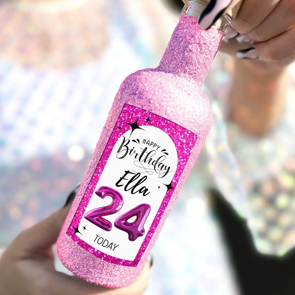 Personalised Birthday Glitter Bottle - Handmade glitter bottle- customised label- Personalized- fill your own Bottle -pink-purple-gold