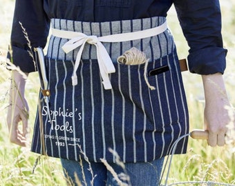 Gepersonaliseerde tuinschort - tuincadeau - halve schort - tuincadeau voor haar - tuincadeau op maat gemaakte tuin, tuingerei - blauwe streep