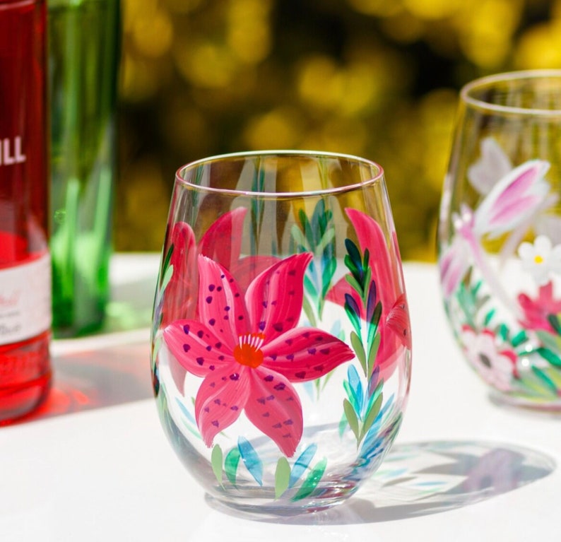 Hand Painted Flower Glass Tumblers Celebration Glasses water glasses-pretty glasses flowers number three