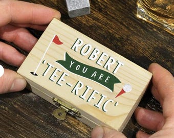 Personalized Whiskey Stones Gift Set – Wooden Box -Personalised Golf Design Whisky Stones-Cooling Stones