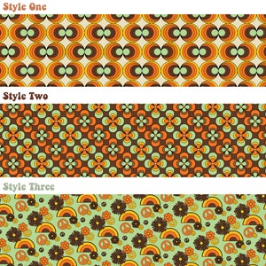May include: Three different retro patterns in orange, brown, green, and yellow. The first pattern is a series of concentric circles. The second pattern is a series of four-leaf clovers. The third pattern is a series of peace signs and flowers.