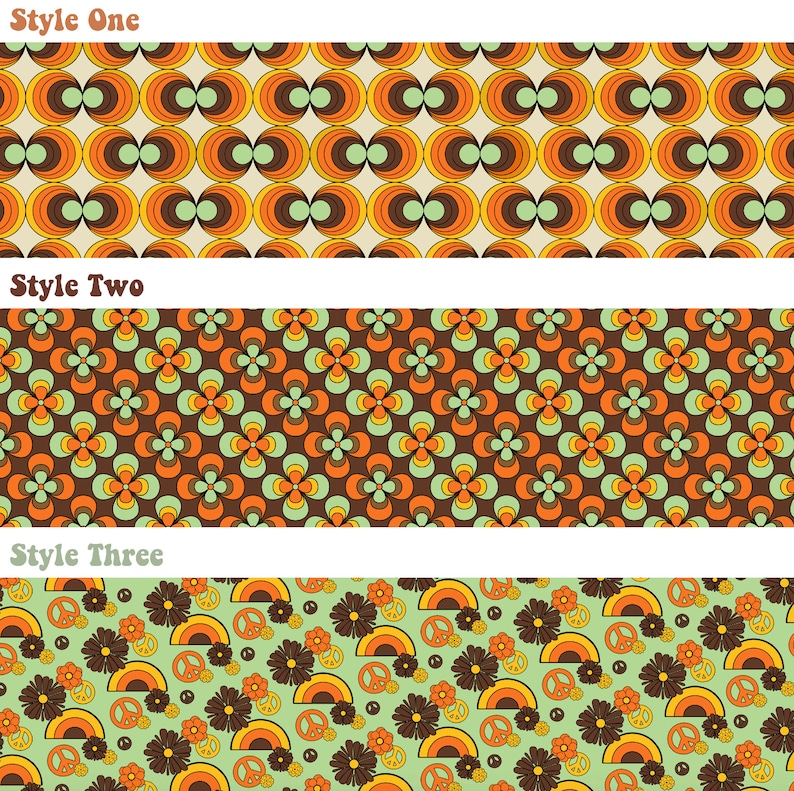 May include: Three different retro patterns in orange, brown, green, and yellow. The first pattern is a series of concentric circles. The second pattern is a series of four-leaf clovers. The third pattern is a series of peace signs and flowers.