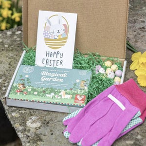 Regalo de Pascua personalizado para niños en el buzón (envío a través de su buzón), diversión en el jardín, cesta personalizada, guantes de jardinería, cultive su propio jardín.