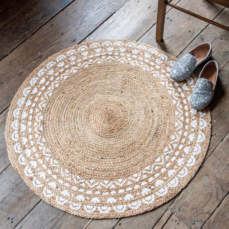 On Trend Modern Boho Round Jute Painted Rug Round Rug Home Etsy