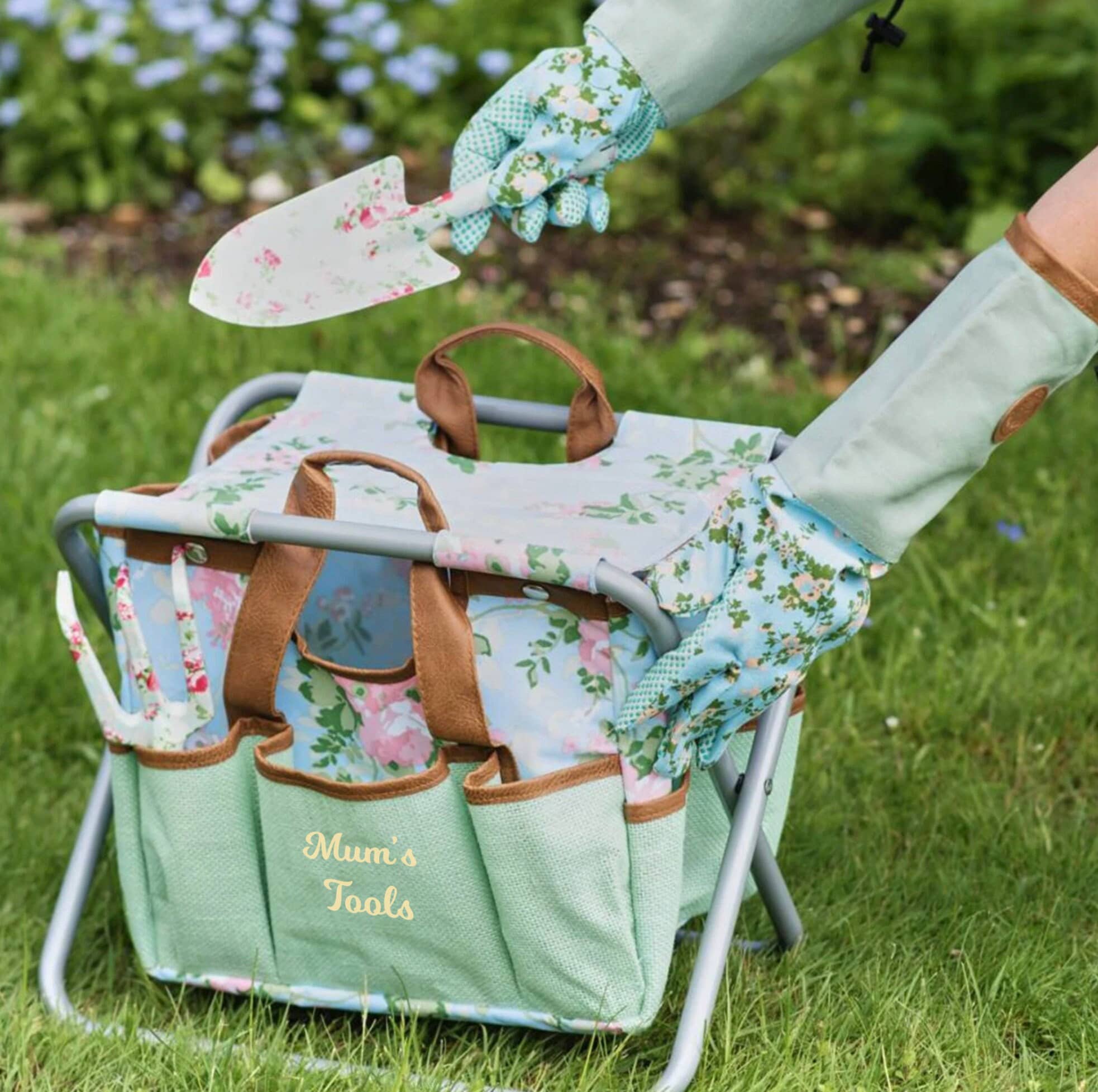 Floral Garden Tool Stool: Foldable Storage, Rose Pattern