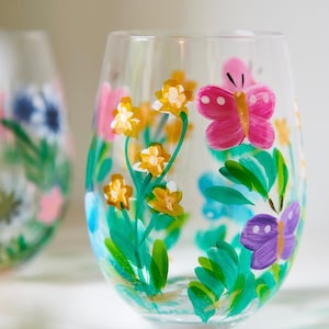 Handpainted flower glass stemless glasses ,tumblers- pretty summer glasses
