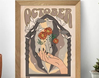 Estampado retro de flores de nacimiento: arte astrológico de los años 70