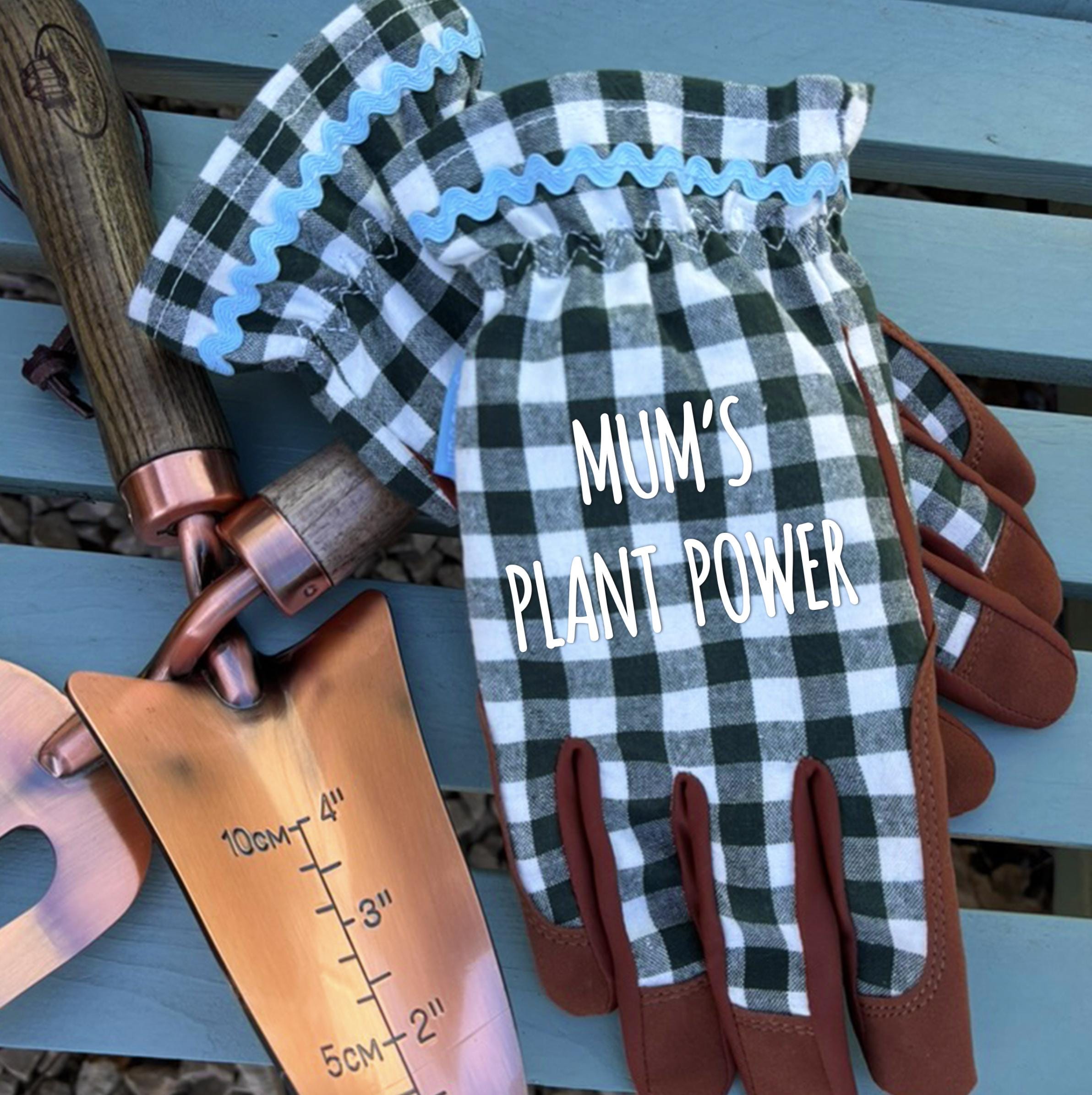 Personalized Green Gingham Garden Gloves - Frilled Cuff - Gardening Gift