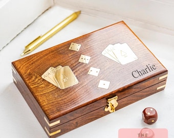Personalized Rosewood Playing Card Box: Brass Inlay, Travel Game