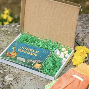 Regalo personalizado para niños con temática de jungla en el buzón (envíelo a través de su buzón), diversión en el jardín, cesta personalizada, guantes de jardinería, cultive su propio jardín.