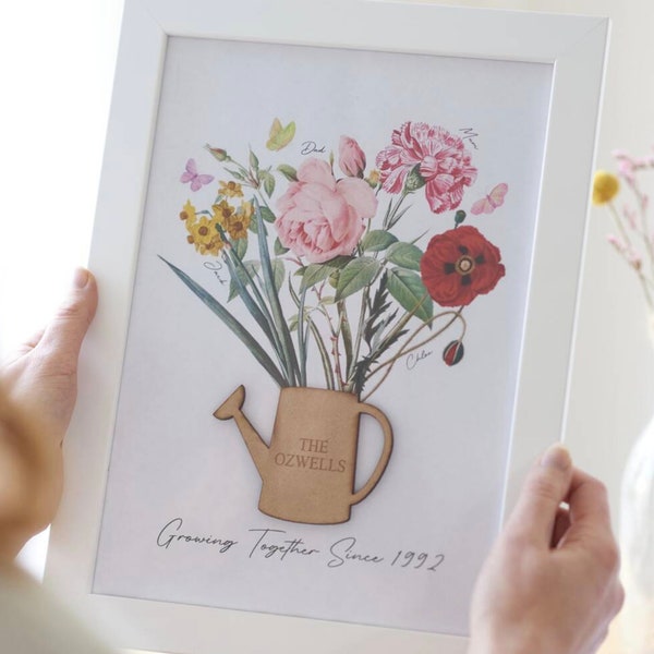 Personalized Birth Flower Family Print: Engraved Wooden Watering Can Keepsake