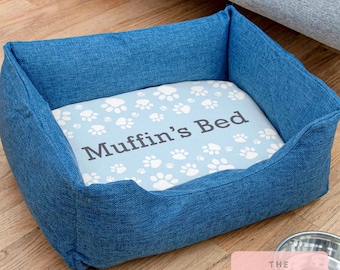 Cama para perro azul personalizada: diseño de huella de pata, lona de lino