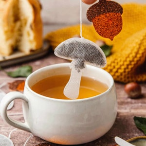 Sachets de thé faits main en forme de champignon, thé du matin, sachets de thé faits main - cousus main, étiquette coeur-thé English Breakfast