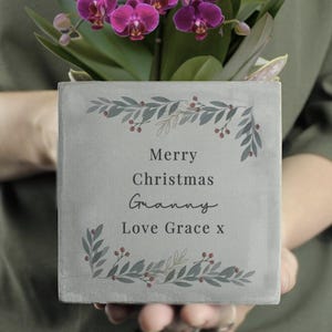 Personalised Christmas Foliage Concrete Planter - Personalised  Planter - Xmas gift for her- Happy Holidays gift