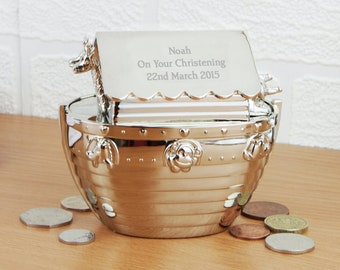 Personalised silver plated box,  Engraved Noah's Ark Money Box , personalised keepsake money box,christening gift- New baby gift